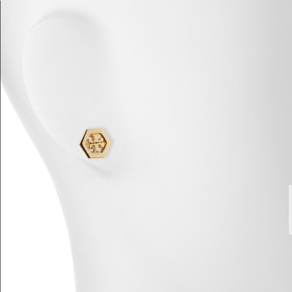 Tory Burch HEX LOGO 16K GOLD STUD EARRINGS
